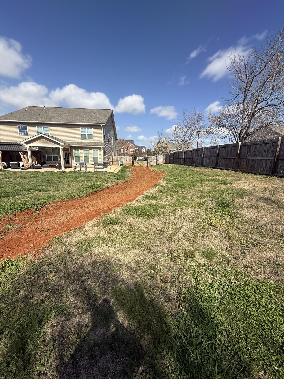 Before drainage correction grading — yard slope causing water retention Greenville SC