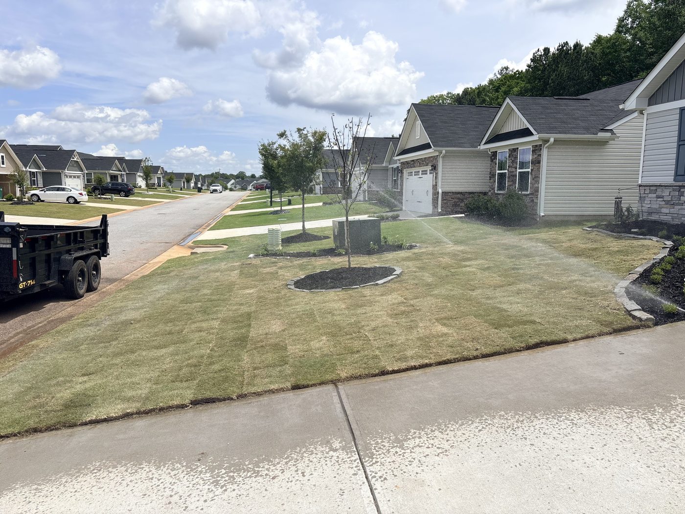New construction landscaping completed — Zoysia sod, Eastern Redbud, custom landscape beds Greenville SC