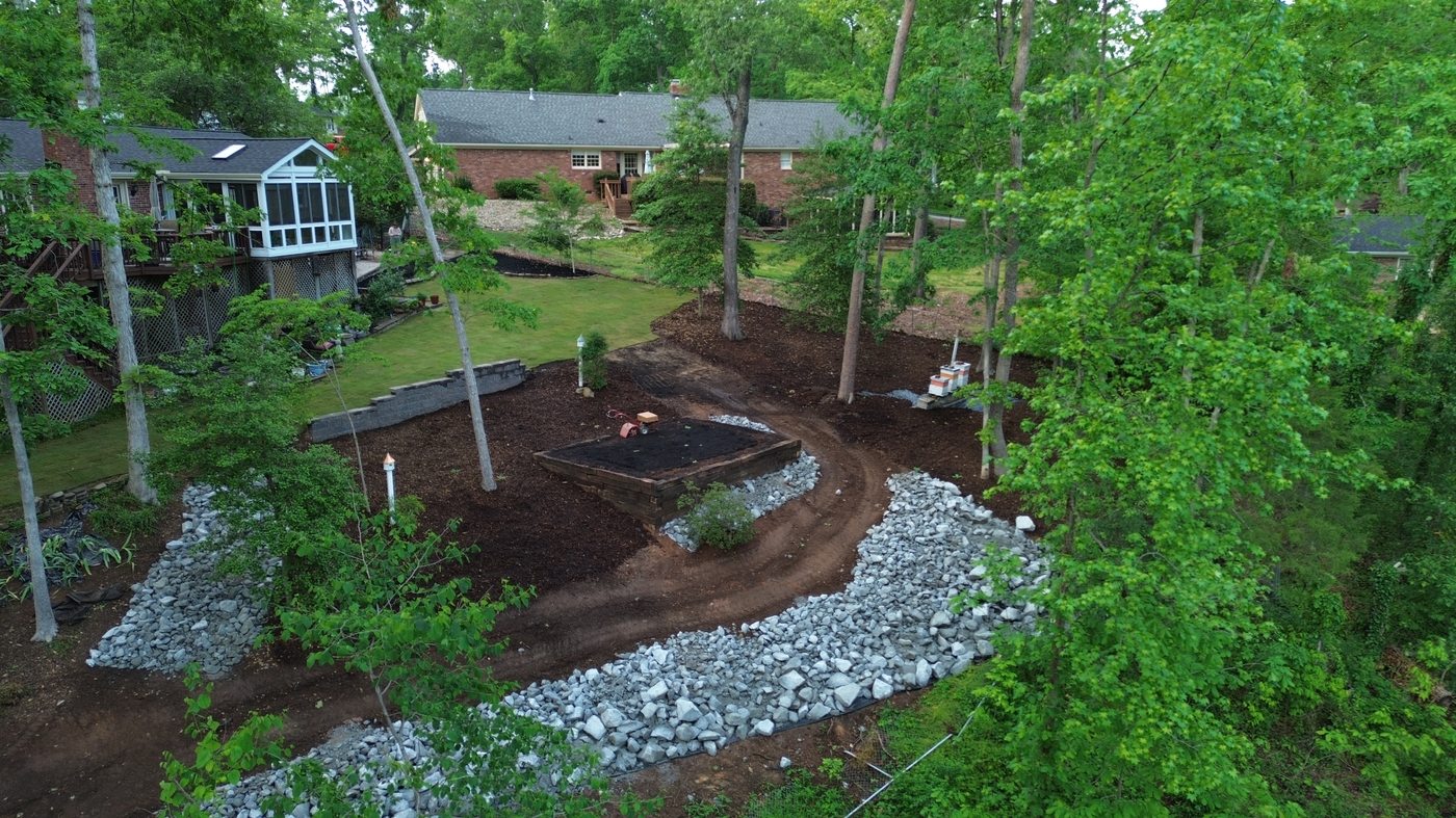 After back yard renovation — level sod lawn retaining wall Greenville SC aerial