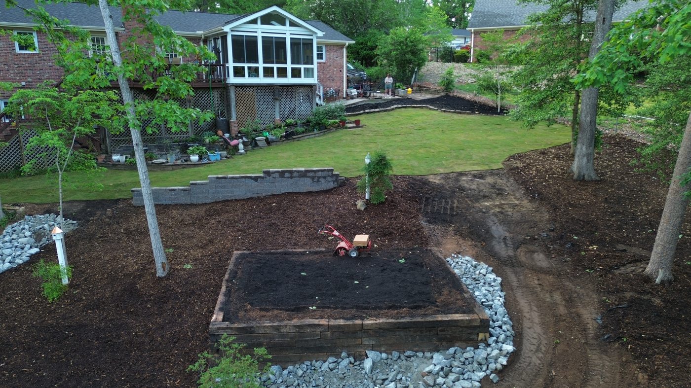 After complete back yard renovation — full aerial view Greenville SC Iron Lungs