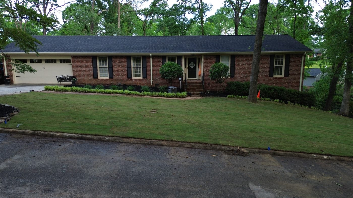 After landscape renovation front yard — Zoysia sod and new beds downtown Greenville SC