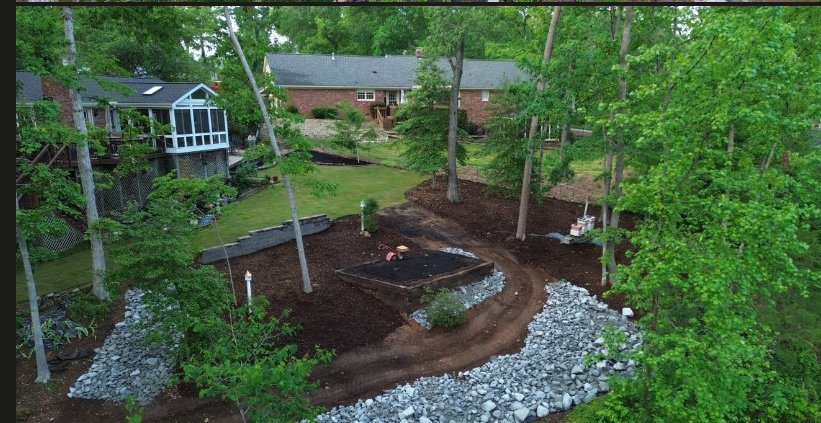 Complete landscape renovation aerial view — retaining wall raised garden bed riprap mulch Greenville SC — Iron Lungs